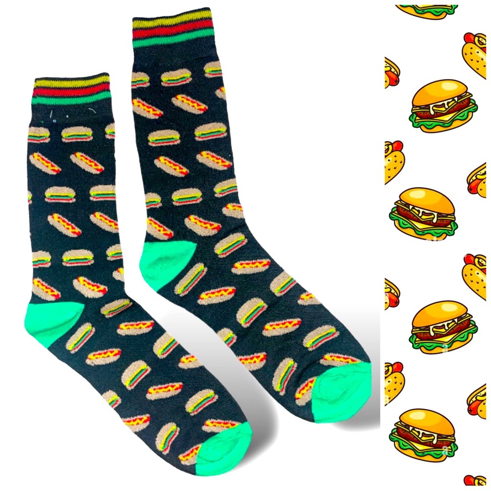 Men's Burgers & Hotdogs Socks black funny size 6/12 crazy food juncture fashion*